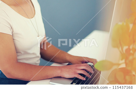 Woman, laptop and hands in office for proposal, planning and employee for digital report or email. Female person, agenda and professional for project management, online and website for research 115437168