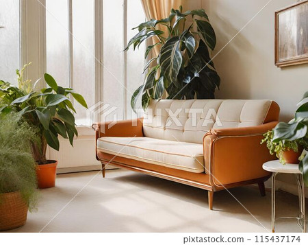 Stylish living room with potted plants and natural colors Stylish living room with potted plants and natural colors 115437174