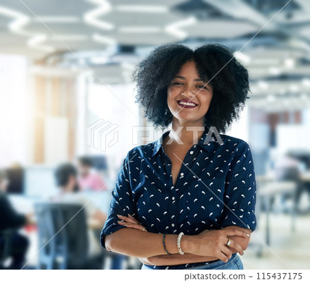 Portrait, smile and business woman with arms crossed for career, job or pride at creative startup company. Face, happy entrepreneur and confident professional employee, worker and graphic designer Portrait, smile and business woman with arms crossed for career, job or pride at creative startup company. Face, happy entrepreneur and confident professional employee, worker and graphic designer 115437175