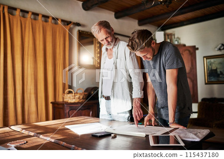 Architect, senior man and apprentice with documents together for learning, studying and knowledge in home. Mentor, student and paperwork in house for drawing, education and design measurement 115437180
