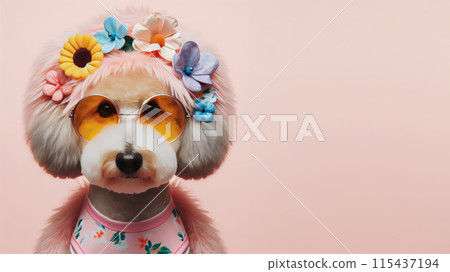 Funny dog wearing summer fashion on pastel background. Summer Vacation Concept. Funny dog wearing summer fashion on pastel background. Summer Vacation Concept. 115437194