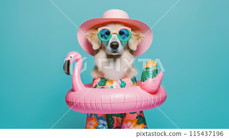 Funny dog wearing summer fashion on pastel background. Summer Vacation Concept. 115437196