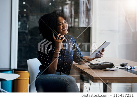 Woman, telephone call and talking with tablet in office, networking or happy for deal at startup. Person, talent consultant or scout with digital touchscreen in negotiation, booking or planning event Woman, telephone call and talking with tablet in office, networking or happy for deal at startup. Person, talent consultant or scout with digital touchscreen in negotiation, booking or planning event 115437231