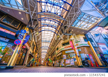 Yokohama cityscape in Japan. View of the Gyokuji Kannon-dori shopping street in front of Gyokuji Station on the Yokohama Municipal Subway Blue Line (4th) 115437241