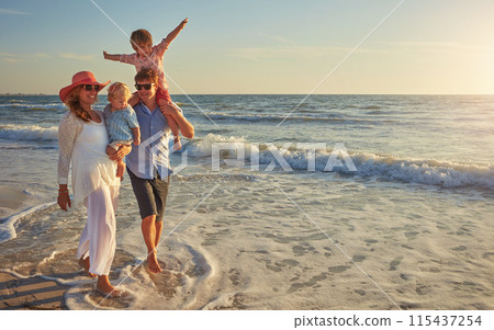 Happy family, beach holiday and love, smile for vacation on tropical island. Man, woman and children together with sunglasses by ocean for travel with wellness and outdoor at sunset in Mauritius Happy family, beach holiday and love, smile for vacation on tropical island. Man, woman and children together with sunglasses by ocean for travel with wellness and outdoor at sunset in Mauritius 115437254