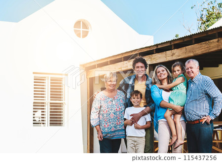 Portrait, family and kids with grandparents in backyard for love relationship, holiday and support together. Women, men and young children outdoor with happiness for summer vacation and sunshine 115437256