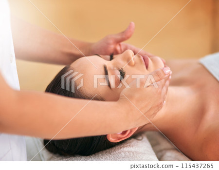 Face massage, hands to relax and woman in spa with masseuse for health, peace or wellness therapy. Beauty, calm or stress free with client and therapist in clinic or salon for natural treatment 115437265
