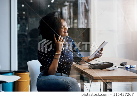 Woman, telephone call and reading on tablet in workplace, networking or scroll in morning at startup. Person, receptionist or secretary on digital touchscreen for schedule, calendar or booking at job 115437267