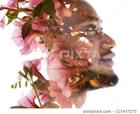 A floral double exposure profile portrait of a smiling man on white background 115437275