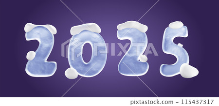 Realistic 3d figures 2025 made of ice with snow pieces. Greeting card elements Realistic 3d figures 2025 made of ice with snow pieces. Greeting card elements 115437317