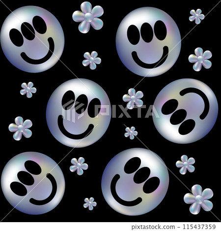 3d holographic retro 90 seamless pattern. Chrome Smile and Daisy Flowers in Y2K style on black background. Future galaxy aesthetic, 3D chrome bubble art. Metal glossy abstract art. 115437359