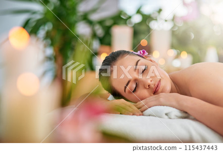 Face, massage and woman sleeping on spa bed to relax for health, peace or wellness in resort. Beauty, stress relief or wellbeing with client eyes closed in clinic or salon for natural treatment 115437443