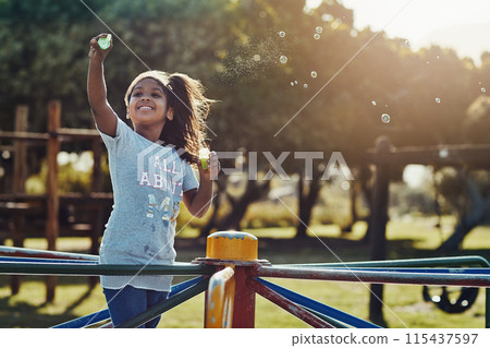 Play, girl and bubbles with playground, fun and love for summer break and positive. Kid, obstacle course and park equipment for joy, outside and happy child smile with countryside merry go round Play, girl and bubbles with playground, fun and love for summer break and positive. Kid, obstacle course and park equipment for joy, outside and happy child smile with countryside merry go round 115437597
