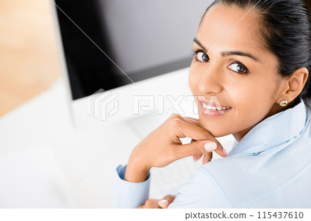 Computer, portrait and smile with woman lawyer in office for legal representation at court or trial. Consulting, information or research and face of happy attorney in law firm for administration Computer, portrait and smile with woman lawyer in office for legal representation at court or trial. Consulting, information or research and face of happy attorney in law firm for administration 115437610
