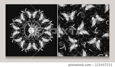 Set of black and white mysterious circular label with sun eclipse, text, seamless pattern with fantasy butterflies. Art Nouveau style. Vintage style. Set of black and white mysterious circular label with sun eclipse, text, seamless pattern with fantasy butterflies. Art Nouveau style. Vintage style. 115437721