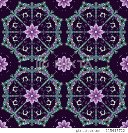 Seamless pattern with circular ornament like mandala with chamomile flower in center, fantasy colored dragonfly with curled antennae. Geometric background. Art Nouveau style. Seamless pattern with circular ornament like mandala with chamomile flower in center, fantasy colored dragonfly with curled antennae. Geometric background. Art Nouveau style. 115437722