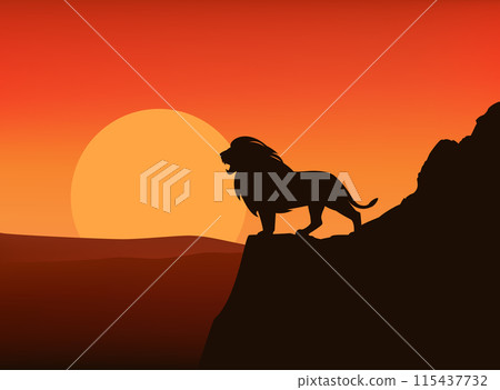 wild african lion standing at mountain cliff at sunset vector silhouette lanscape wild african lion standing at mountain cliff at sunset vector silhouette lanscape 115437732