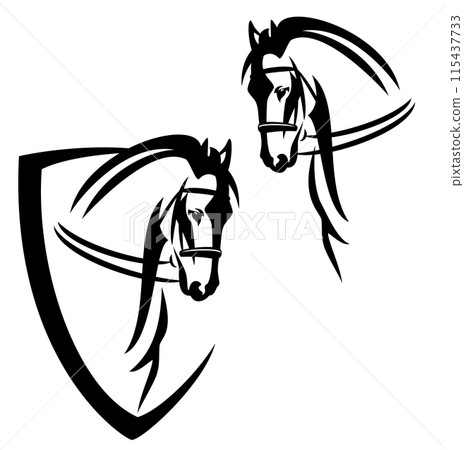 horse head with harness inside simple black and white heraldic shield vector design set horse head with harness inside simple black and white heraldic shield vector design set 115437733