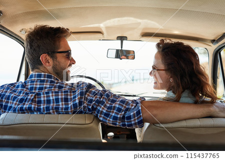 Back, couple and driving in car for travel, road trip and destination achievement with smile. Vehicle, transport and married people with happiness for journey, adventure and vacation location Back, couple and driving in car for travel, road trip and destination achievement with smile. Vehicle, transport and married people with happiness for journey, adventure and vacation location 115437765