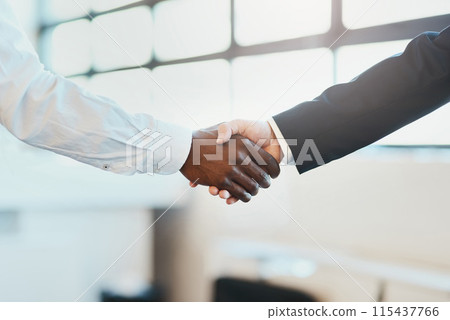 Businessman, team and agreement with handshake for meeting, b2b or deal together at office. Man shaking hands with employee or colleague for partnership, job recruiting or career hiring at workplace 115437766