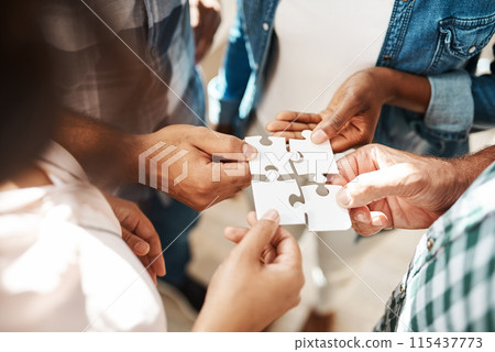Hands, team and jigsaw for connection, solution and circle with collaboration for creativity at startup. People, group and scrum with puzzle for problem solving, solidarity or link for synergy at job 115437773