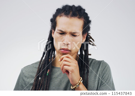Doubt, thinking and question with man in studio on white background for idea or problem solving. Confused, planning or solution and person with hand on chin for brainstorming or contemplation Doubt, thinking and question with man in studio on white background for idea or problem solving. Confused, planning or solution and person with hand on chin for brainstorming or contemplation 115437843