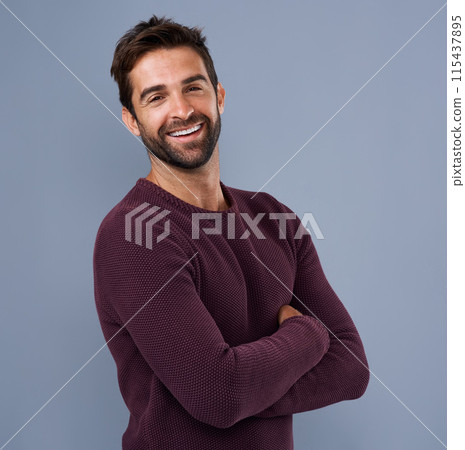 Studio, smile and sweater for man, fashion and confidence in mockup space, pride and cardigan in winter. Gray background, portrait and person in Miami, happy or comfortable in clothes, joy or jersey Studio, smile and sweater for man, fashion and confidence in mockup space, pride and cardigan in winter. Gray background, portrait and person in Miami, happy or comfortable in clothes, joy or jersey 115437895
