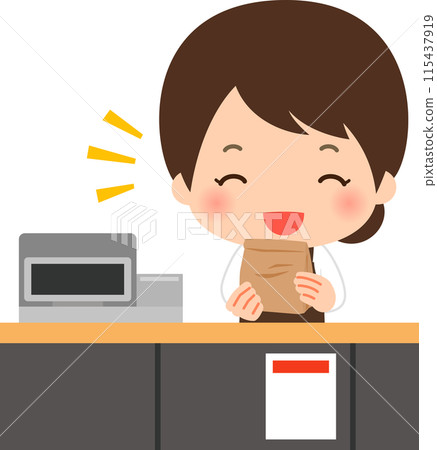 Female cashier holding items in a paper bag 115437919