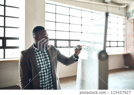 Board, black man or speaker in presentation for teaching, SWOT analysis or skill development in meeting. Writing, business workshop or leader talking for training, coaching or learning opportunity Board, black man or speaker in presentation for teaching, SWOT analysis or skill development in meeting. Writing, business workshop or leader talking for training, coaching or learning opportunity 115437927