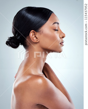 Skincare, woman and face in profile for beauty and luxury facial treatment in studio. Dermatology, female person and natural glow with cosmetics and collagen for healthy skin on white background 115437952