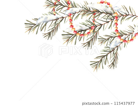 Garland on snowy Christmas tree branch, card template. Watercolor red, gold vintage Xmas toy decor, New year holiday snowing. Winter fir. Hand drawn illustration for event print on isolated background Garland on snowy Christmas tree branch, card template. Watercolor red, gold vintage Xmas toy decor, New year holiday snowing. Winter fir. Hand drawn illustration for event print on isolated background 115437977