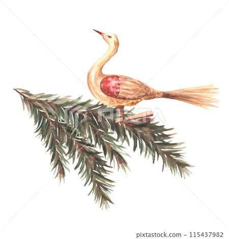 Glass bird retro toy on Christmas tree branch. Red, gold vintage Xmas toy, New year holiday. Winter fir branch deco. Watercolor painted illustration for greeting invitation card on isolated background 115437982