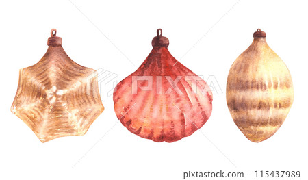 Christmas tree toy set. Red and gold vintage pine cone, seashell and stars form toys. Watercolor glass xmas decoration or New year old decor. Hand drawn illustration Clipart on isolated background. Christmas tree toy set. Red and gold vintage pine cone, seashell and stars form toys. Watercolor glass xmas decoration or New year old decor. Hand drawn illustration Clipart on isolated background. 115437989