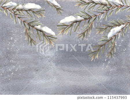 Snow on a fir tree branch with needles banner template. It is snowing in winter Christmas watercolor hand drawn illustration. For Xmas or New year greeting card template. Isolated on grey background. Snow on a fir tree branch with needles banner template. It is snowing in winter Christmas watercolor hand drawn illustration. For Xmas or New year greeting card template. Isolated on grey background. 115437993