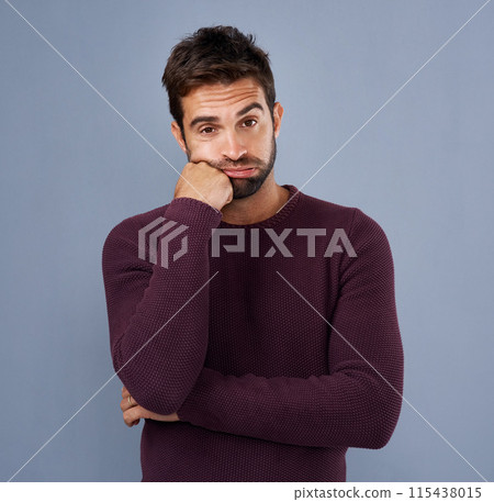 Studio, frustrated and portrait of man, tired and stress for burnout, mental health and unhappy with thinking. Blue background, impatient and face of person, bored and exhausted in mockup space Studio, frustrated and portrait of man, tired and stress for burnout, mental health and unhappy with thinking. Blue background, impatient and face of person, bored and exhausted in mockup space 115438015