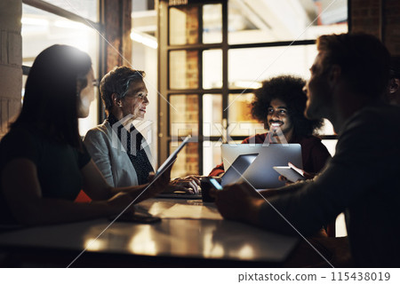 Executive, smile and dark in office, online and laptop in workspace and teamwork. Workplace, men and women in boardroom, collaboration and happiness for project, research and auditor in business 115438019