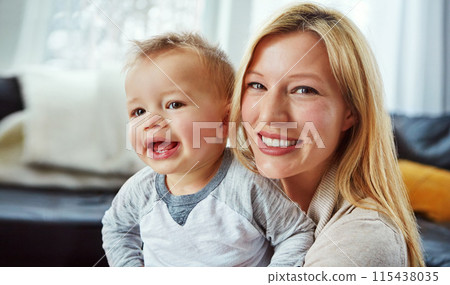 Portrait, baby and mother in house with hug or happiness for motherhood, growth or wellness of child. Toddler, woman and smile in home for care, support and bonding together with love and relax 115438035