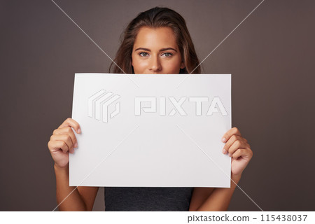 Woman, poster and studio background in portrait for promotion, mockup space and advertising with tips. Female person, sign board and presentation with instructions, information and paper card Woman, poster and studio background in portrait for promotion, mockup space and advertising with tips. Female person, sign board and presentation with instructions, information and paper card 115438037
