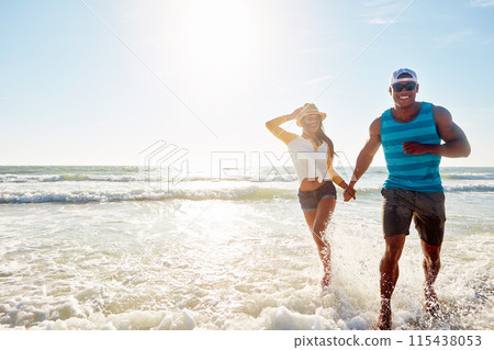 Running, sunglasses and couple in portrait on beach for adventure, holiday or bonding by mockup. Outdoor, ocean or playful people for holding hands, boyfriend or girlfriend for vacation in Bali 115438053