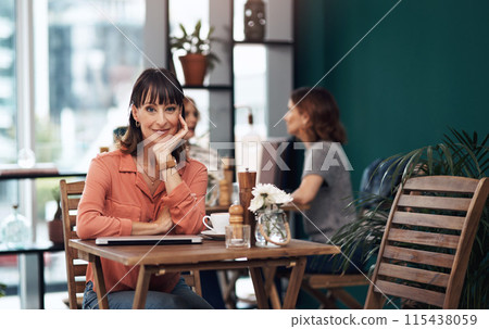 Portrait, smile and woman in cafe with idea for business, career and coffee in city. Laptop, online and blogger in restaurant with tea, email and remote work with break and relax from internet Portrait, smile and woman in cafe with idea for business, career and coffee in city. Laptop, online and blogger in restaurant with tea, email and remote work with break and relax from internet 115438059