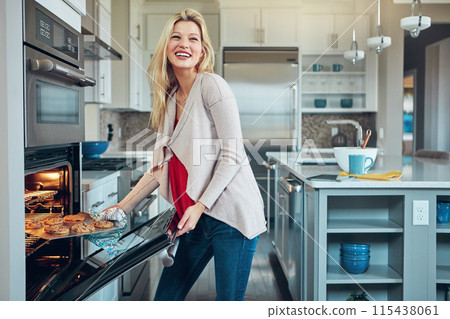 Home, baker and woman with cookie pan, tray and preparation in stove oven. Apartment, electronic equipment and female cook with smile for baking, pastry and chocolate biscuits in modern house Home, baker and woman with cookie pan, tray and preparation in stove oven. Apartment, electronic equipment and female cook with smile for baking, pastry and chocolate biscuits in modern house 115438061