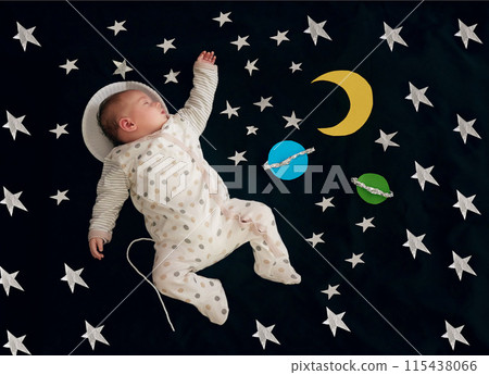 Baby, sleeping and stars on blanket for nap as top view with space dreaming, comfortable or tired. Child, resting and rest on comforter with planets as future astronaut for development, home or peace Baby, sleeping and stars on blanket for nap as top view with space dreaming, comfortable or tired. Child, resting and rest on comforter with planets as future astronaut for development, home or peace 115438066