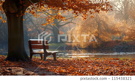 Tranquil Autumn Park Bench 115438321