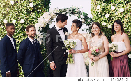 Group, people and together with smile for wedding, bouquet and friends at unity event. Family photo, marriage and crowd with happiness for commitment to love, outdoor and joy in New York City 115438342