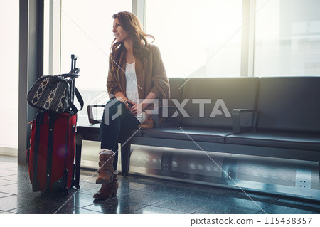 Airport, waiting room and woman with luggage, phone and smile to travel for holiday and break in USA. Tourist, relax and happy for vacation in California, mobile and suitcase in lobby, trip and delay Airport, waiting room and woman with luggage, phone and smile to travel for holiday and break in USA. Tourist, relax and happy for vacation in California, mobile and suitcase in lobby, trip and delay 115438357