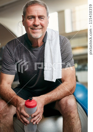 Relax, gym and portrait of mature man with smile, fitness and happiness with water bottle at workout. Exercise, training and confident athlete on break with pride, health and wellness in sports club. Relax, gym and portrait of mature man with smile, fitness and happiness with water bottle at workout. Exercise, training and confident athlete on break with pride, health and wellness in sports club. 115438359
