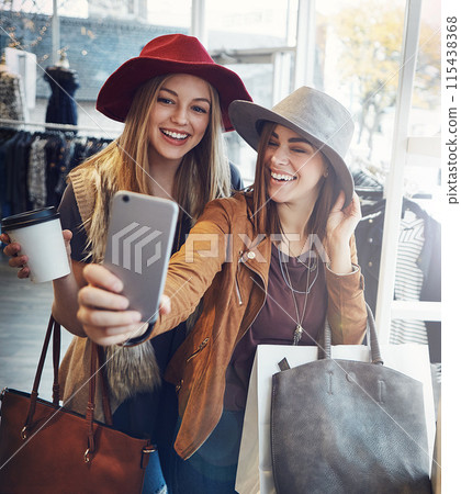 Friends, selfie and summer shopping with women, smile and happiness together with retail, sale and discount at mall. Fashion, photograph and memory for social media, customer and urban boutique shop 115438368