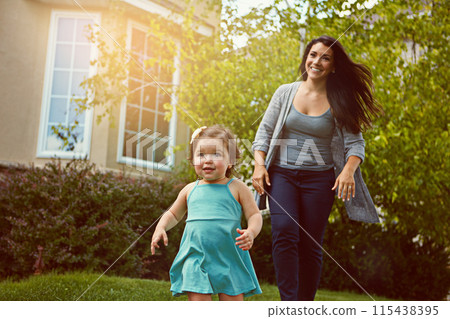Running, toddler and mother outdoor in backyard for play, fun and adventure on summer weekend. Young kid, happy and woman chasing in garden for explore environment, growth and development at home 115438395