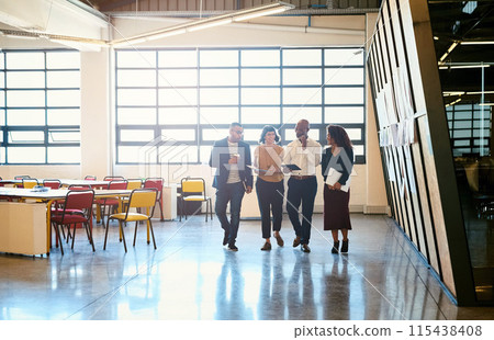 Business people, tablet and discussion in office cafeteria on coffee break for diversity, ideas or support. Men, woman and teamwork with digital touchscreen for brainstorming, talk or problem solving Business people, tablet and discussion in office cafeteria on coffee break for diversity, ideas or support. Men, woman and teamwork with digital touchscreen for brainstorming, talk or problem solving 115438408