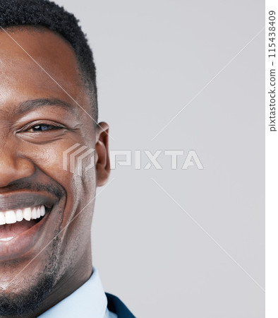 Portrait, businessman and excited for career, start up company and pride with mockup space. African male person, consultant and financial advisor in studio by white background with happiness Portrait, businessman and excited for career, start up company and pride with mockup space. African male person, consultant and financial advisor in studio by white background with happiness 115438409